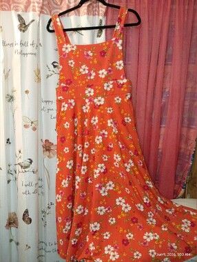 Orange Floral Sundress with Square Neck